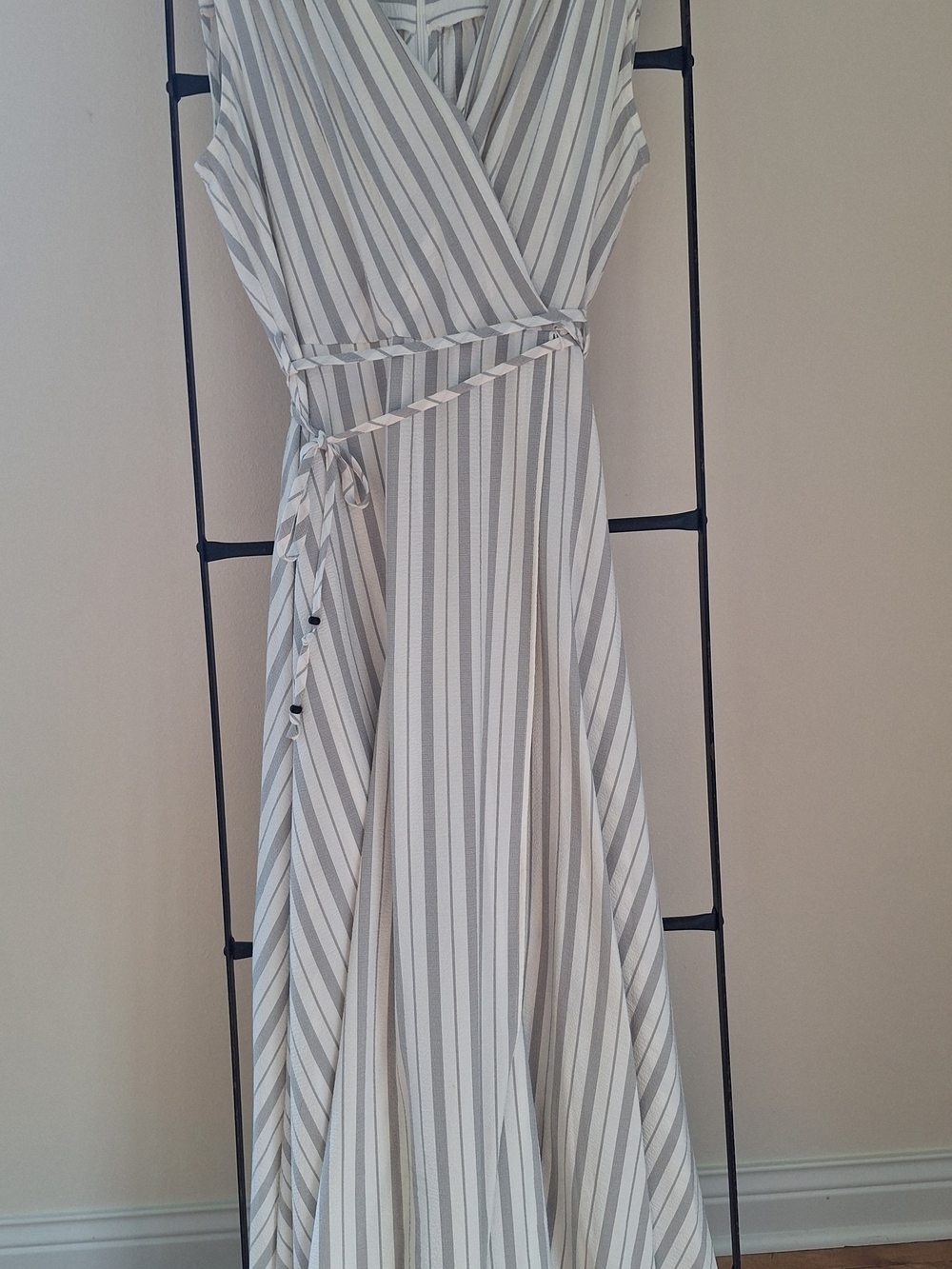 Calvin Klein Sleeveless Striped Wrap Maxi Dress in Light Gray and White